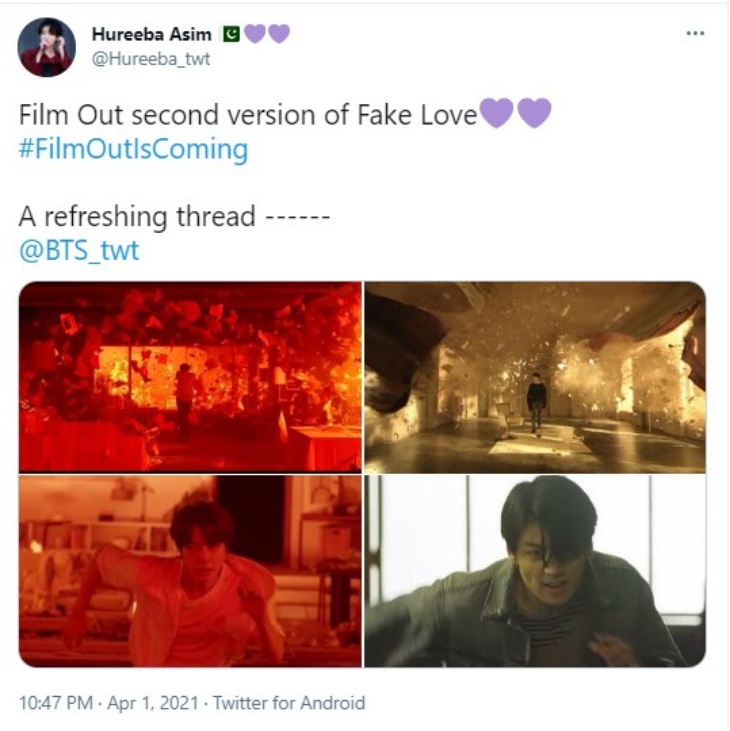Setelah menyaksikan video musiknya, ARMY langsung teringat dengan video musik Fake Love dari tahun 2018. (Foto Twitter@Hureeba_twt)