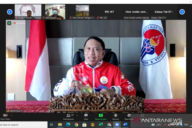 angkapan Layar Menteri Pemuda dan Olahraga (Menpora) Zainudin Amali saat diskusi daring seputar PON yang diselenggarakan Media Center PON Jakarta, Rabu (06/10/2021). ANTARA/Sihol Hasugian