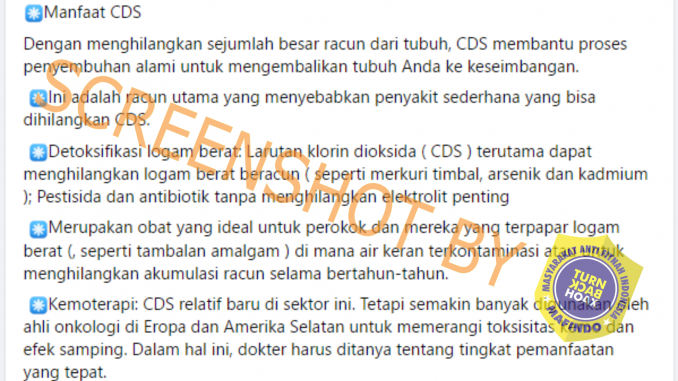 [HOAKS atau FAKTA]: Larutan Klorin Dioksida Bisa Tangani Sejumlah Racun dari Tubuh