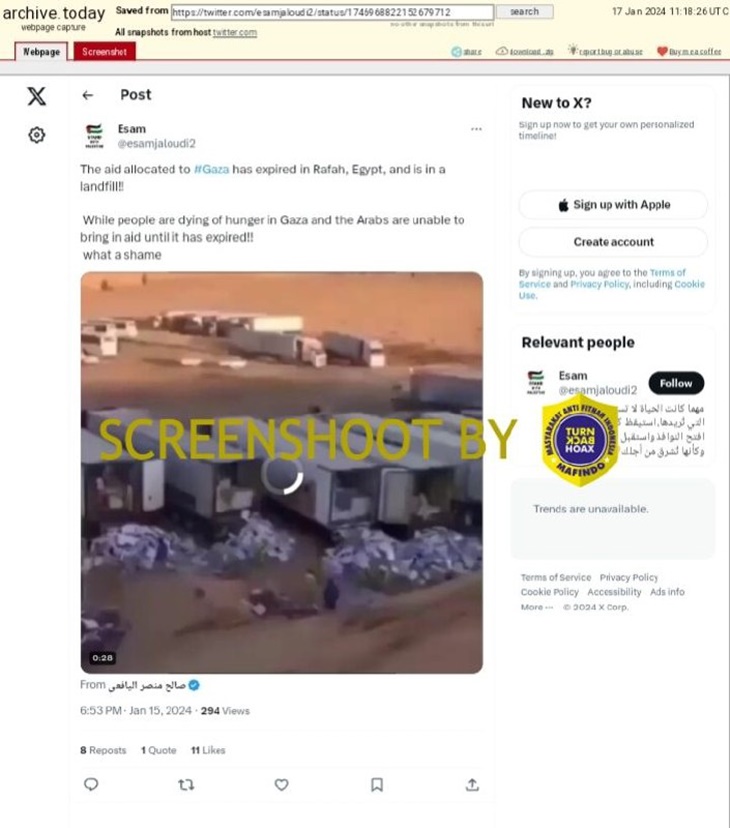 [HOAKS atau FAKTA] : Bantuan untuk Gaza Ternyata Dibuang-buang di Mesir