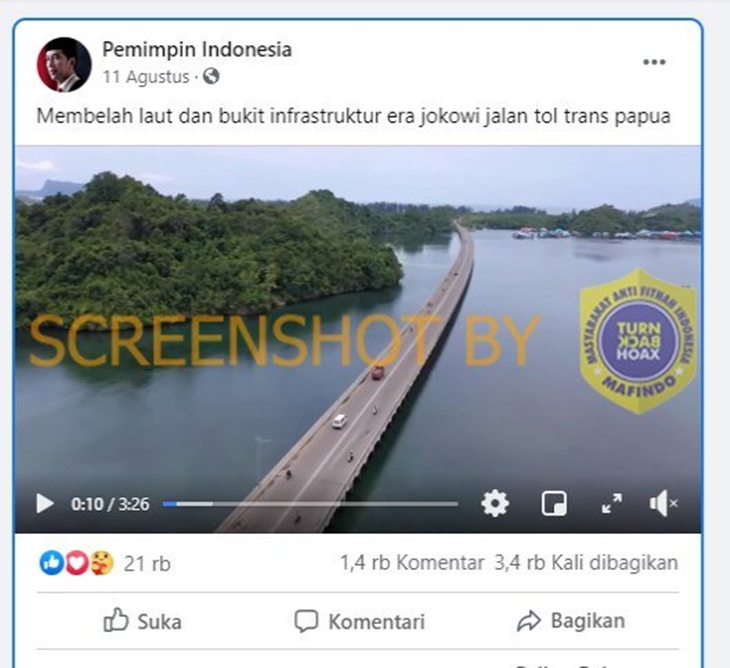 Tangkapan layar Facebook soal jalan tol Trans Papua membelah lautan dan bukit. (Foto: MP/turnbackhoax.id)
