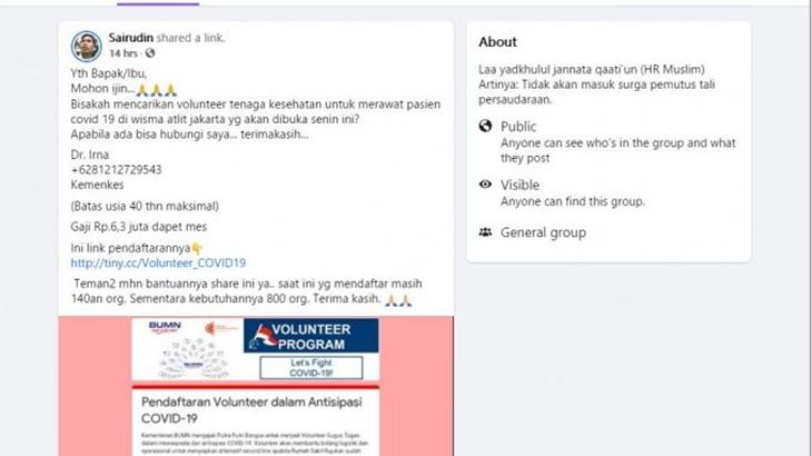 [HOAKS atau FAKTA]: RS Darurat Wisma Atlet Buka Pendaftaran Perawat Pasien COVID-19