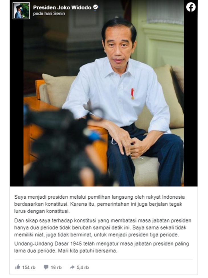 Tangkapan layar media sosial soal klarifikasi Jokowi tentang jabatan presiden tiga periode. (Foto: MP/Facebook Joko Widodo)