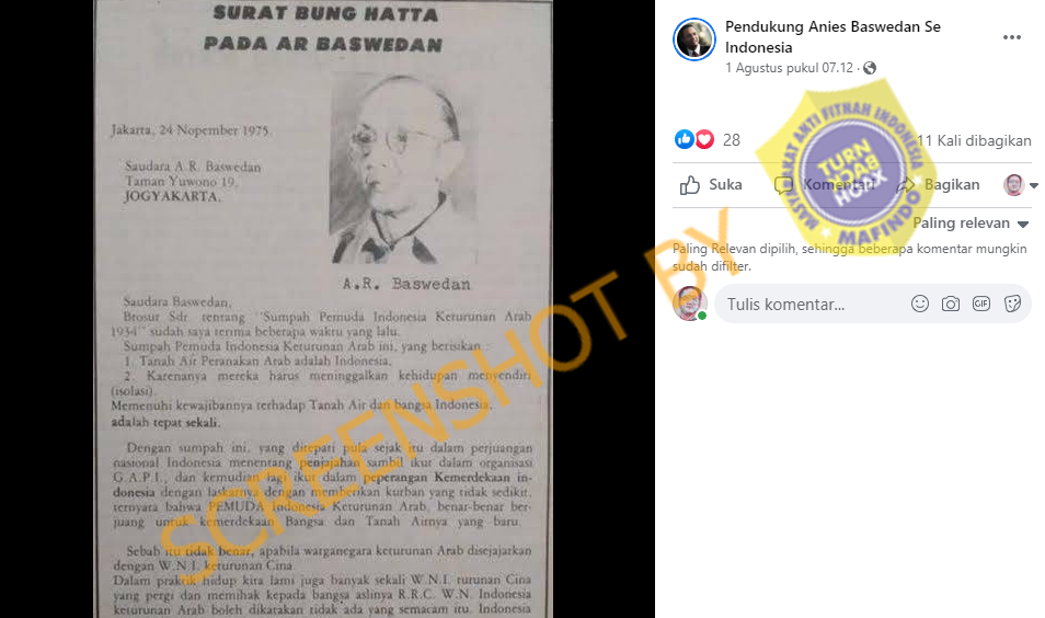 [HOAKS atau FAKTA]: Bung Hatta Pernah Surati Kakek Anies Baswedan