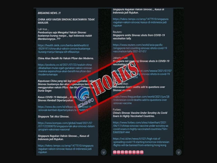 Tangkapan layar soal Sinovac tidak manjur Tiongkok pindah ke Pfizer dan Moderna. (Foto: MP/Turnbackhoax.id)